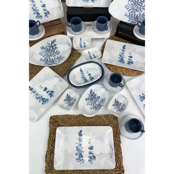 Keramika Blue Magic Siera Kare-Oval Desenli 27 Parça 6 Kişilik Seramik Kahvaltı Takımı Beyaz-Mavi