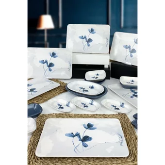 Keramika Blue Magic 19863 Kare Desenli 19 Parça 6 Kişilik Seramik Kahvaltı Takımı Beyaz