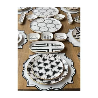 Rossev Feza Taj Desenli 50 Parça 6 Kişilik Stoneware Kahvaltı Takımı Beyaz-Siyah