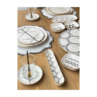 Rossev Feza Taj Desenli 50 Parça 6 Kişilik Stoneware Kahvaltı Takımı Beyaz-Siyah