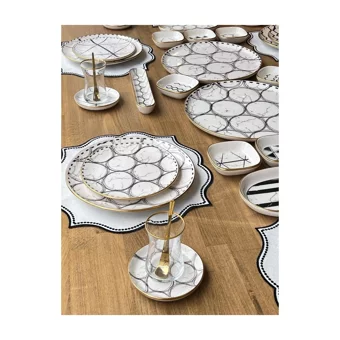 Rossev Feza Taj Desenli 50 Parça 6 Kişilik Stoneware Kahvaltı Takımı Beyaz-Siyah