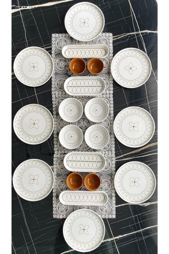Venüs Home Decoratıon Elips Desenli 20 Parça 8 Kişilik Seramik Kahvaltı Takımı Beyaz-Gold