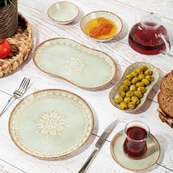 Bernardo Mirabella Yuvarlak Desenli 26 Parça 6 Kişilik Stoneware Kahvaltı Takımı Yeşil