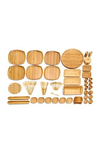 Bambum Ahşap Kare 57 Parça 6 Kişilik Bambu Kahvaltı Takımı Kahverengi