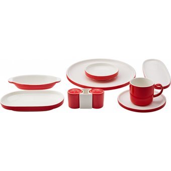 Karaca Nordic Red Oval-Yuvarlak 27 Parça 6 Kişilik Porselen Kahvaltı Takımı Beyaz-Kırmızı