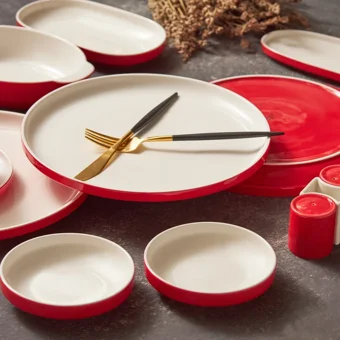 Karaca Nordic Red Oval-Yuvarlak 27 Parça 6 Kişilik Porselen Kahvaltı Takımı Beyaz-Kırmızı