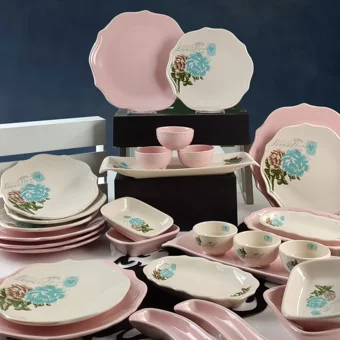 Keramika Turkuaz Gül Desenli 29 Parça 6 Kişilik Seramik Kahvaltı Takımı Beyaz-Pembe