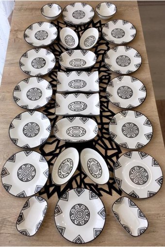 Venüs Home Decoratıon Kilim Desenli 24 Parça 12 Kişilik Seramik Kahvaltı Takımı Siyah