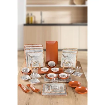 Keramika Güz Yaprakları Kare Desenli 41 Parça 6 Kişilik Stoneware Kahvaltı Takımı Çok Renkli