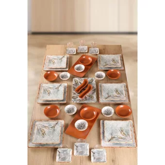 Keramika Güz Yaprakları Kare Desenli 41 Parça 6 Kişilik Stoneware Kahvaltı Takımı Çok Renkli