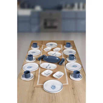 Keramika Blue Magic Kaktüs Yuvarlak Desenli 27 Parça 6 Kişilik Seramik Kahvaltı Takımı Beyaz-Mavi