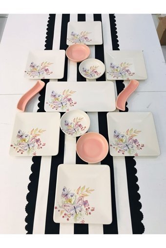 Pembişmutfağım Bahar Desenli 13 Parça 6 Kişilik Seramik Kahvaltı Takımı Beyaz