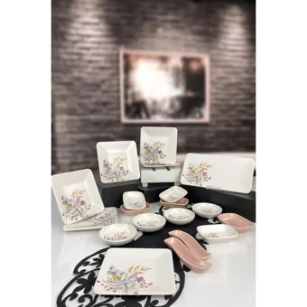 Keramika Kelebek Bahar Kare Desenli 19 Parça 6 Kişilik Seramik Kahvaltı Takımı Beyaz-Pembe