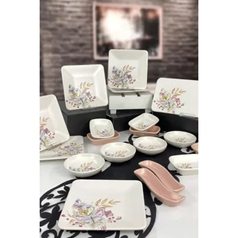 Keramika Kelebek Bahar Kare Desenli 19 Parça 6 Kişilik Seramik Kahvaltı Takımı Beyaz-Pembe