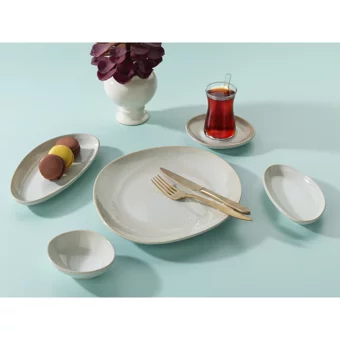 Schafer Felis Desenli 32 Parça 6 Kişilik Porselen Kahvaltı Takımı Krem