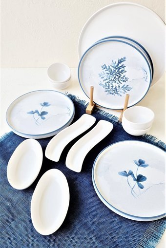 Gulhanıle Blue Magic Yuvarlak Desenli 13 Parça 4 Kişilik Seramik Kahvaltı Takımı Beyaz