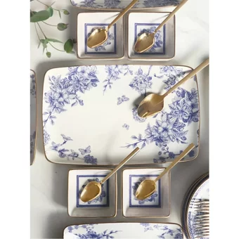 Porlistan Spring Time Lüx Desenli 15 Parça 6 Kişilik Seramik Kahvaltı Takımı Mavi