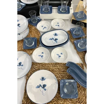 Keramika Blue Magic Yuvarlak Desenli 44 Parça 12 Kişilik Seramik Kahvaltı Takımı Beyaz