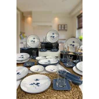 Keramika Blue Magic Yuvarlak Desenli 44 Parça 12 Kişilik Seramik Kahvaltı Takımı Beyaz