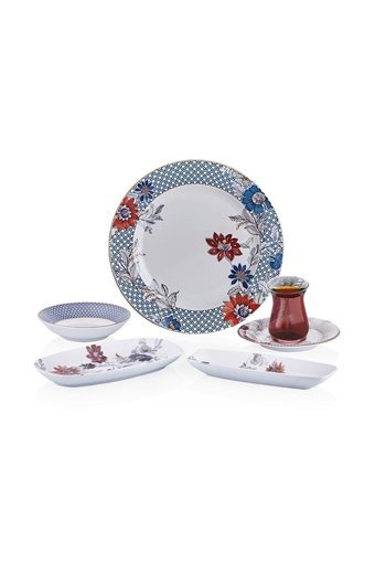 Bernardo Nuvola Yuvarlak Desenli 26 Parça 6 Kişilik Stoneware Kahvaltı Takımı Beyaz-Mavi