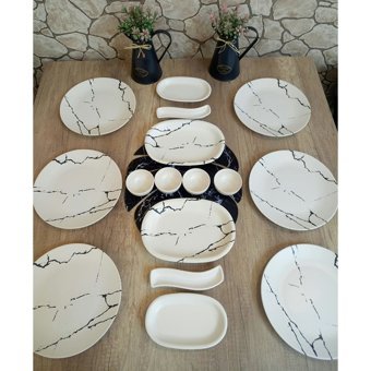 Keramika Mermer Yuvarlak Desenli 16 Parça 6 Kişilik Seramik Kahvaltı Takımı Beyaz-Siyah