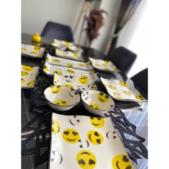 Venüs Home Decoratıon Happy Face Desenli 14 Parça 6 Kişilik Seramik Kahvaltı Takımı Sarı
