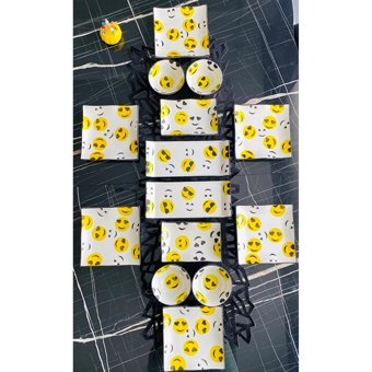 Venüs Home Decoratıon Happy Face Desenli 14 Parça 6 Kişilik Seramik Kahvaltı Takımı Sarı