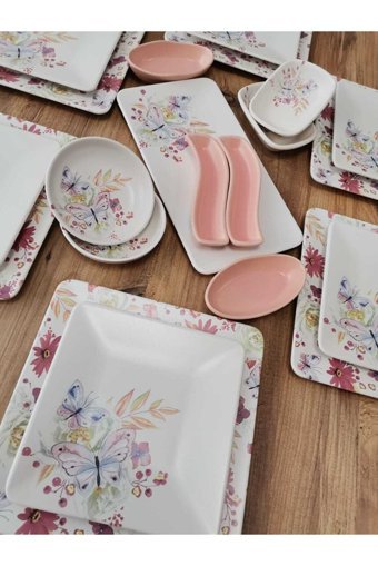 Keramika Kelebek Kare Desenli 22 Parça 6 Kişilik Seramik Kahvaltı Takımı Çok Renkli