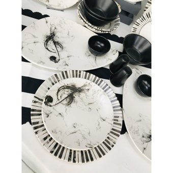 Keramika Melodi Oval-Yuvarlak Desenli 30 Parça 6 Kişilik Seramik Kahvaltı Takımı Beyaz-Siyah