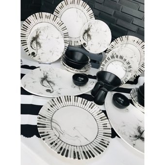 Keramika Melodi Oval-Yuvarlak Desenli 30 Parça 6 Kişilik Seramik Kahvaltı Takımı Beyaz-Siyah