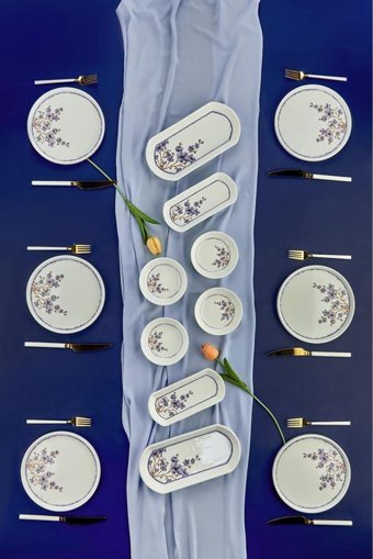 Erbaşlar Mor Sakura Yuvarlak Desenli 14 Parça 6 Kişilik Seramik Kahvaltı Takımı Mor