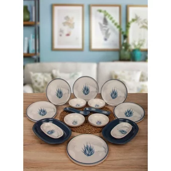 Keramika Blue Magic Yuvarlak Desenli 16 Parça 6 Kişilik Seramik Kahvaltı Takımı Beyaz-Mavi