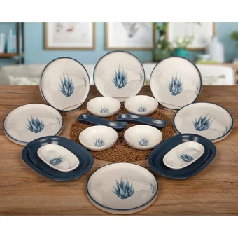 Keramika Blue Magic Yuvarlak Desenli 16 Parça 6 Kişilik Seramik Kahvaltı Takımı Beyaz-Mavi
