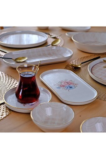 Glore Peta Altın Yaldızlı Yuvarlak Desenli 41 Parça 6 Kişilik Seramik Kahvaltı Takımı Altın