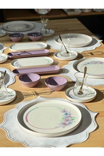 Onedekor Modern Lindy Desenli 32 Parça 32 Kişilik Seramik Kahvaltı Takımı Mor