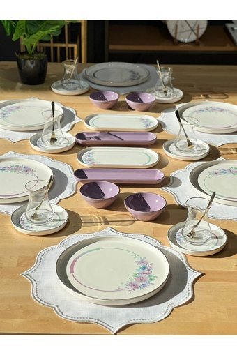 Onedekor Modern Lindy Desenli 32 Parça 32 Kişilik Seramik Kahvaltı Takımı Mor