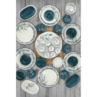 Keramika Lina Blue Desenli 50 Parça 6 Kişilik Seramik Kahvaltı Takımı Beyaz-Mavi