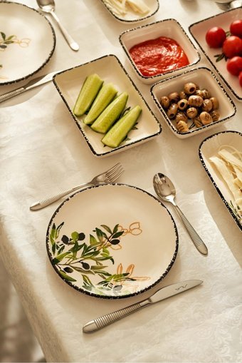 Fh Finehome Olive Yuvarlak Desenli 10 Parça 4 Kişilik Seramik Kahvaltı Takımı Beyaz