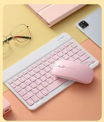 Qpart 5  Mini Taşınabilir Kablosuz Bluetooth Klavye Mouse Seti Taşınabilir Ingilizce Q Klavye Pembe