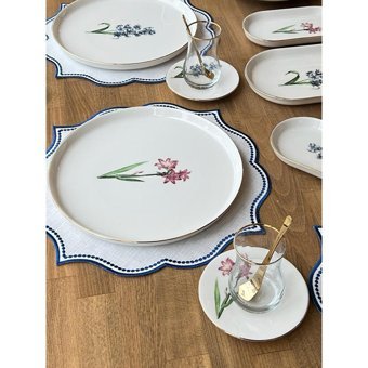 Rossev Pure Fleur Lavender Desenli 72 Parça 12 Kişilik Porselen Kahvaltı Takımı Beyaz