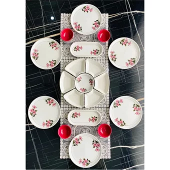 Venüs Home Decoration Kar Çiçeği Desenli 19 Parça 6 Kişilik Seramik Kahvaltı Takımı Fuşya