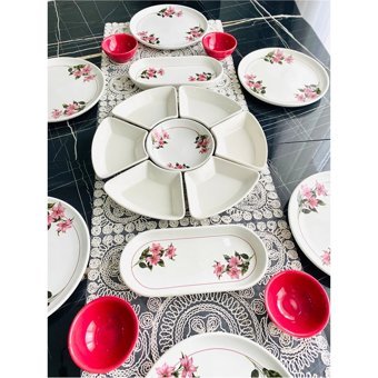 Venüs Home Decoration Kar Çiçeği Desenli 19 Parça 6 Kişilik Seramik Kahvaltı Takımı Fuşya