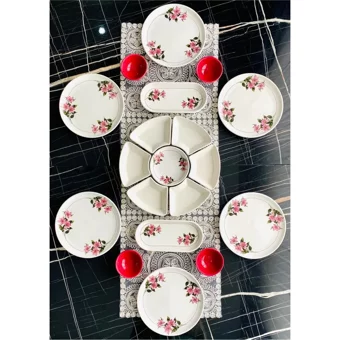 Venüs Home Decoration Kar Çiçeği Desenli 19 Parça 6 Kişilik Seramik Kahvaltı Takımı Fuşya