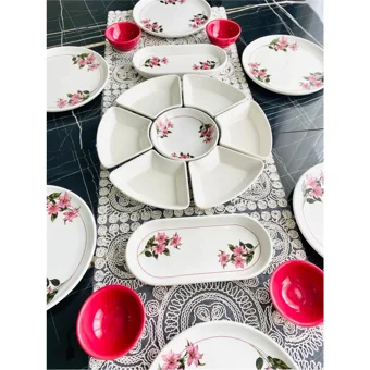 Venüs Home Decoration Kar Çiçeği Desenli 19 Parça 6 Kişilik Seramik Kahvaltı Takımı Fuşya