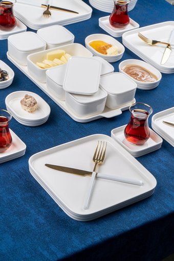 Acar Perla 012190 Dikdörtgen 30 Parça 6 Kişilik Porselen Kahvaltı Takımı Beyaz