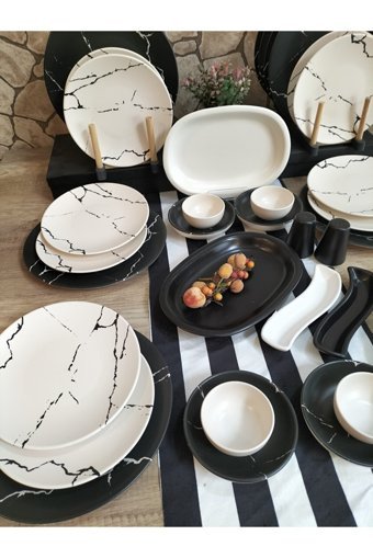 Bera Mermer Yuvarlak Desenli 38 Parça 12 Kişilik Seramik Kahvaltı Takımı Siyah-Beyaz