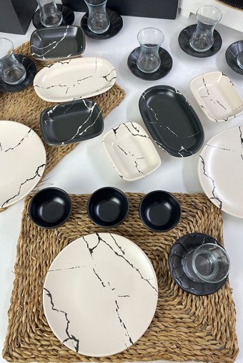 Keramika Beyaz Mermer Desen Desenli 45 Parça 12 Kişilik Seramik Kahvaltı Takımı Beyaz-Siyah