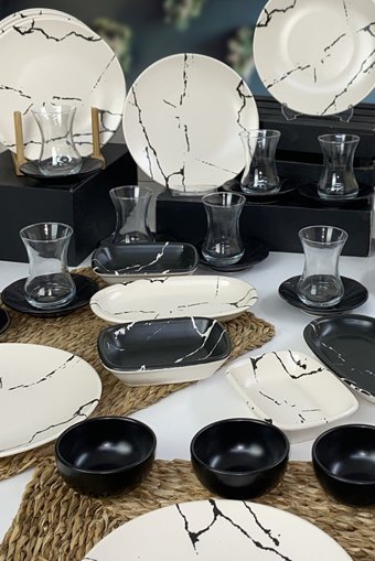 Keramika Beyaz Mermer Desen Desenli 45 Parça 12 Kişilik Seramik Kahvaltı Takımı Beyaz-Siyah