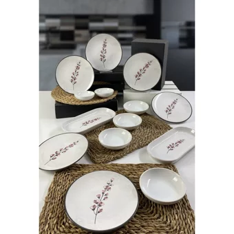 Keramika Sakura Desenli 14 Parça 6 Kişilik Seramik Kahvaltı Takımı Beyaz