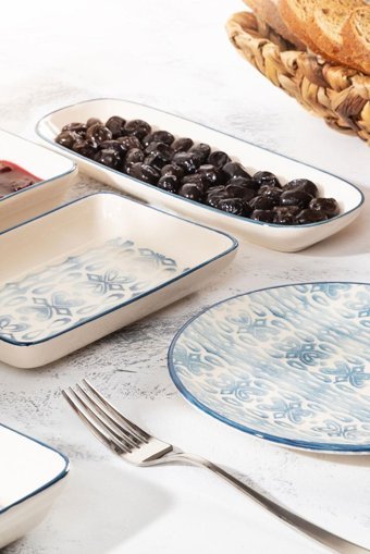 Bernardo Blue Branch Yuvarlak Desenli 24 Parça 6 Kişilik Stoneware Kahvaltı Takımı Mavi